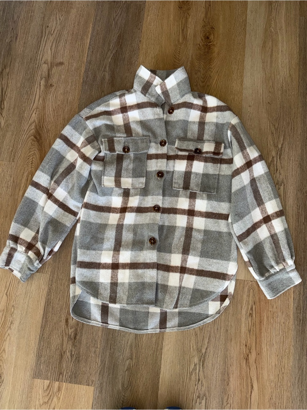 Plaid Button-Front Shacket Jacket - Brown, Gray & Cream